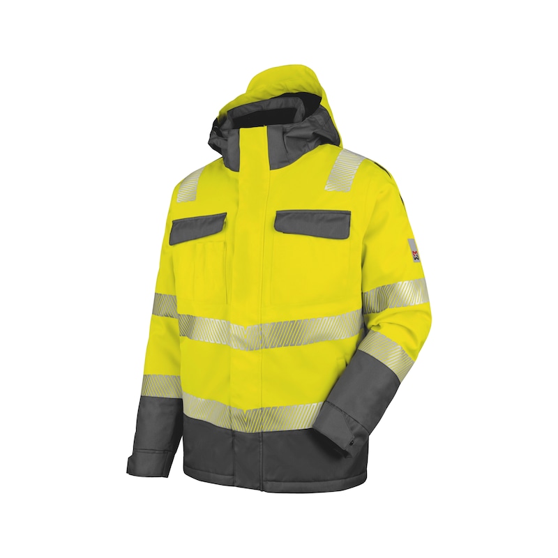 Gelbe Warnschutzjacke mit grauen Einsätzen, Kapuze und Reflexstreifen, schräg von vorne.