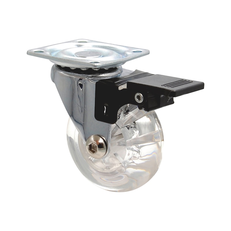 Roulette pivotante transparente avec frein pour meuble