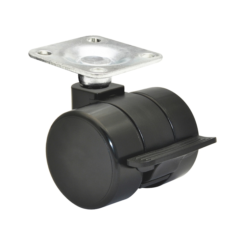 Roulette jumelée rigide avec frein pour meuble usage intensif