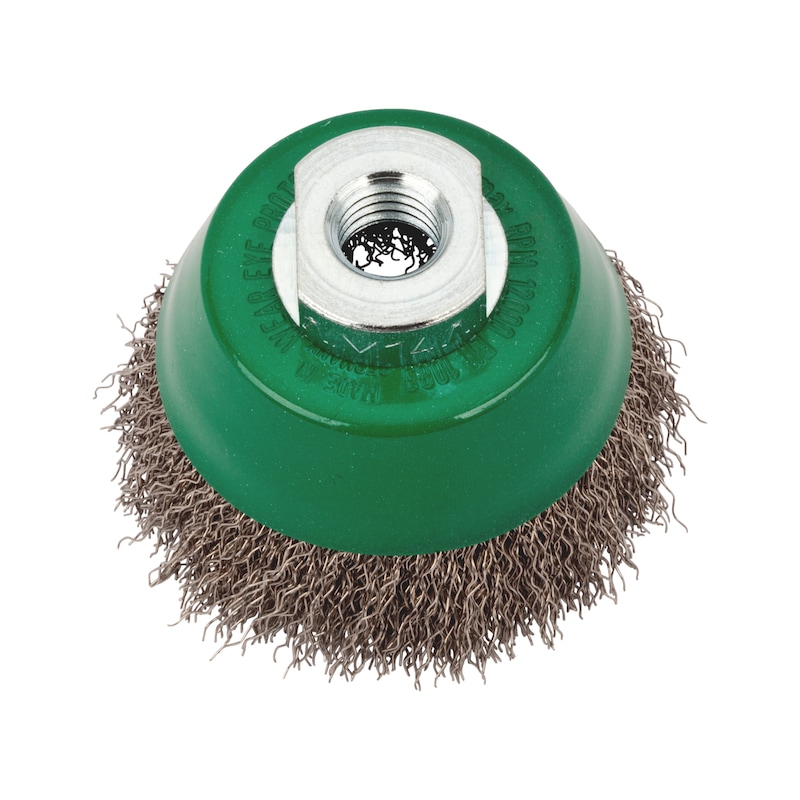 Wire cup brush Crimped stainless steel with M14 connecting thread - CPBRSH-AG-WAVED-SST-D65MMXM14