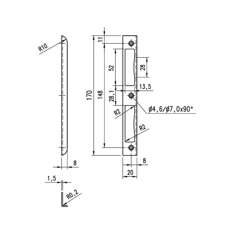 Winkelschließblech mit Kunststoffeinlage - WNKLSHLBL-F.TRSHLO-M.KSTEINLG-WEI