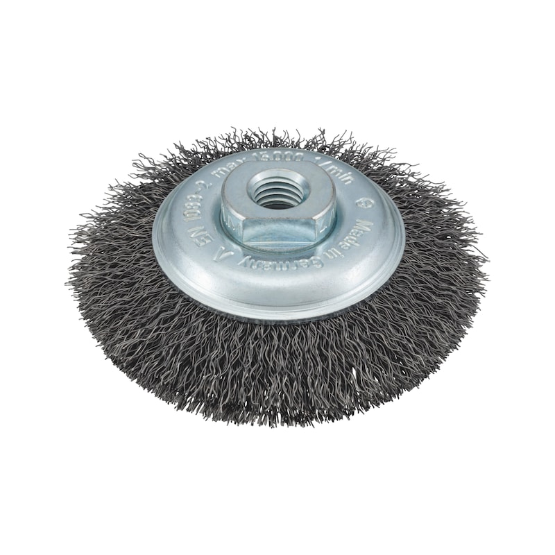 Brosse conique inox ondulé avec filetage M14 pour meuleuse