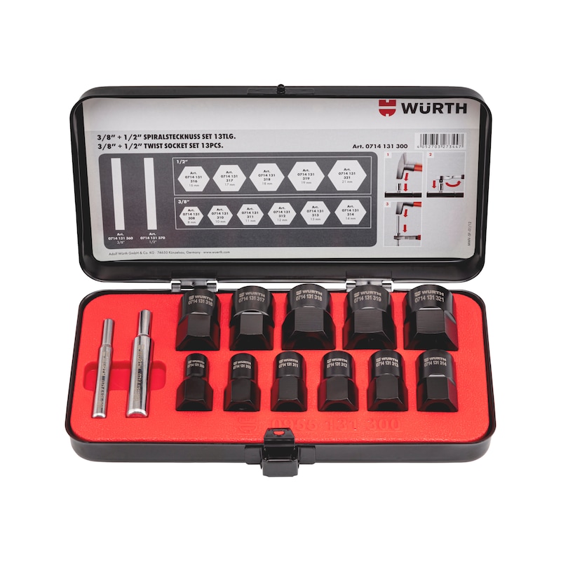 Jeu de douilles spiralées 3/8 + 1/2 pouce - 13 pcs