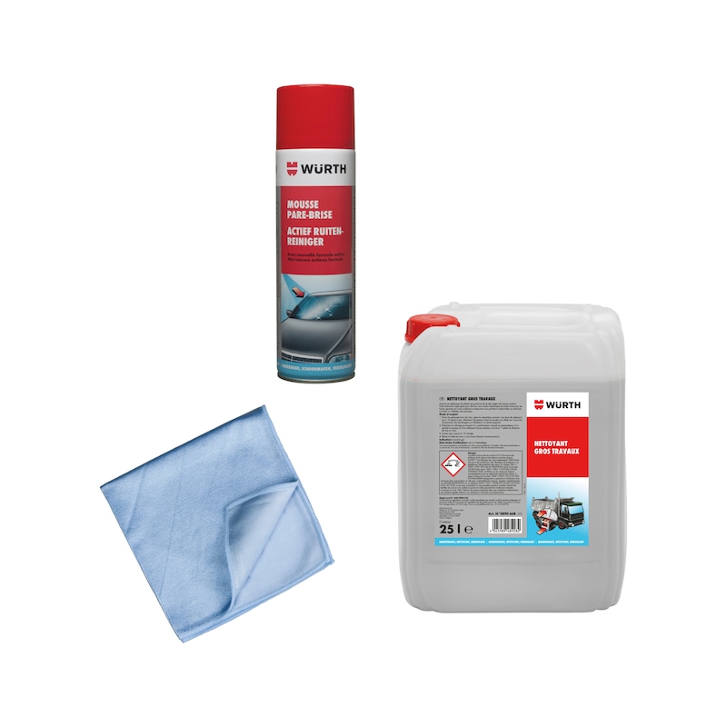 Lot de mousses nettoyantes pare-brise, nettoyant gros travaux et chiffons microfibre - 11 pcs