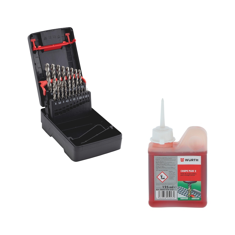 Lot - Coffret de forets métal HSCo DIN 338 MFD Speed 19 pcs + Huile de coupe Coupe Plus 2