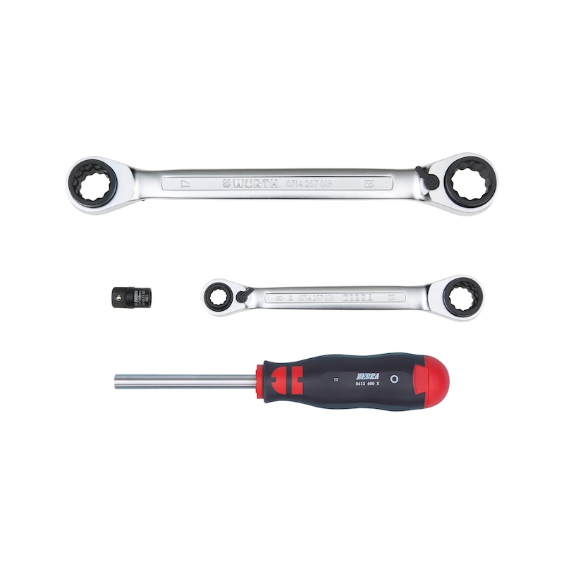 Lot outillage - tournevis à magasin et clé polygonale double à cliquet