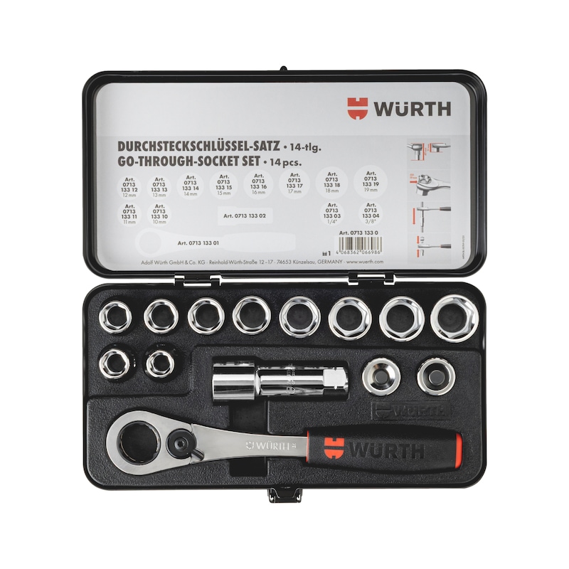 Coffret de cliquet, douilles traversantes, adaptateurs et rallonge - 14 pcs