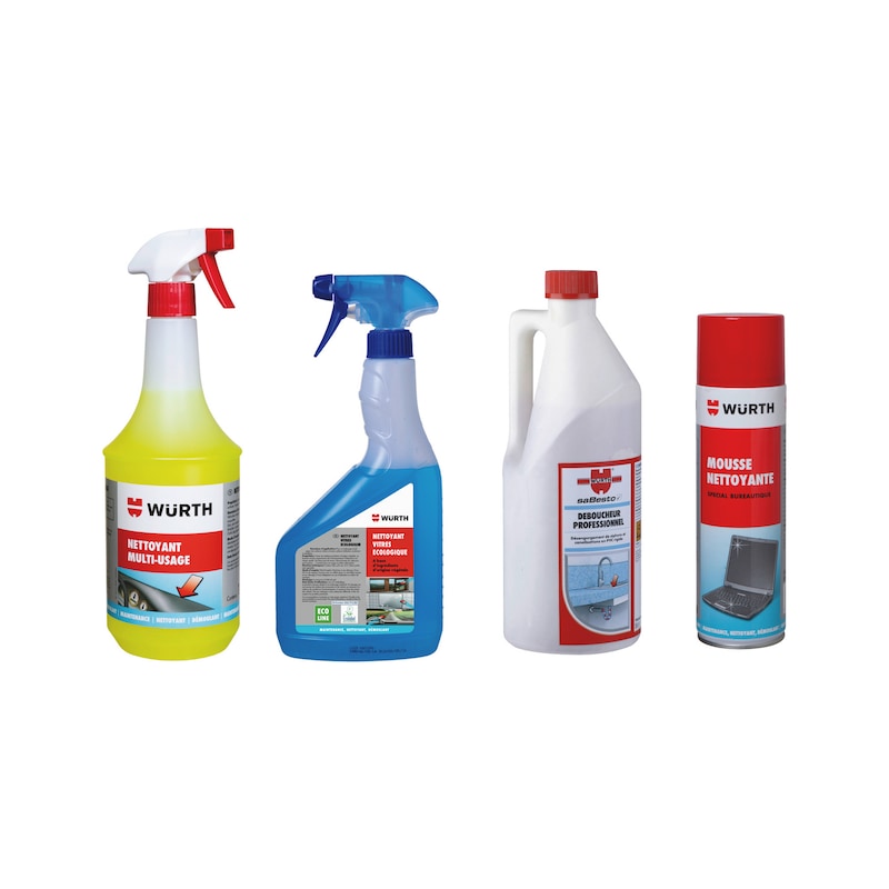 Lot entretien atelier - mousse bureautique, nettoyant multi-usage, nettoyant vitres et déboucheur