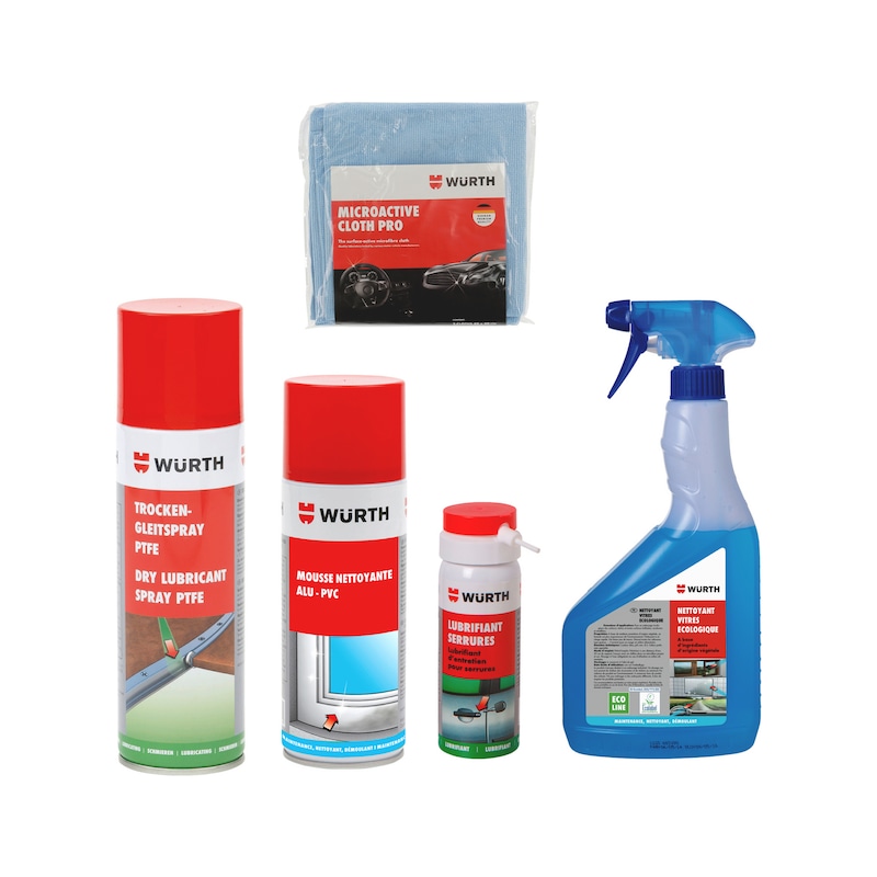 Lot entretien menuiserie - nettoyants, lubrifiants et chiffons