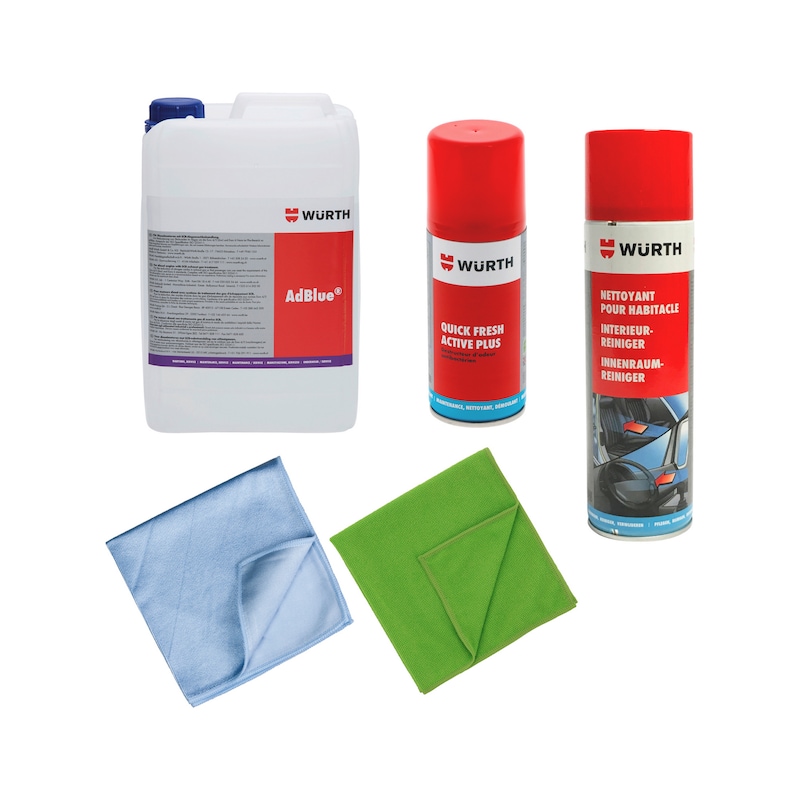 Lot véhicule - mousse nettoyante, Quick Fresh Active Plus, chiffons microfibres et Adblue