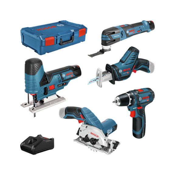 Aktionen mit Akkumaschinen - BOSCH 5Tool Kit+3xGBA12V 3Ah+GAL12V-20+XL-Boxx Orgnr.0615A0017C