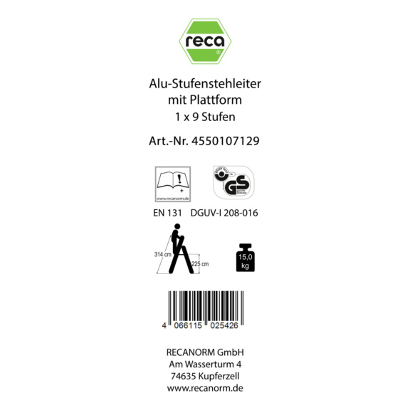 Ersatzlabels f&uuml;r Leitern - Label, Alu-Stufenstehleiter mit Plattform 1 x 9 Stufen