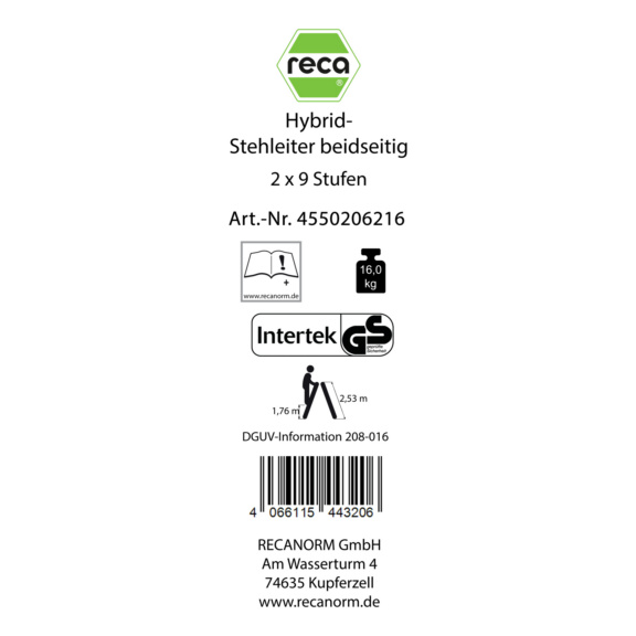 Ersatzlabels f&uuml;r Leitern - Label, Hybrid-Stehleiter 2 x 9 beidseitig mit 2 Alu-Stufen