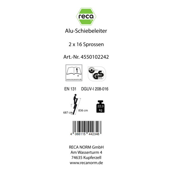 Ersatzlabels f&uuml;r Leitern - Label, Alu-Schiebeleiter 2 x 16