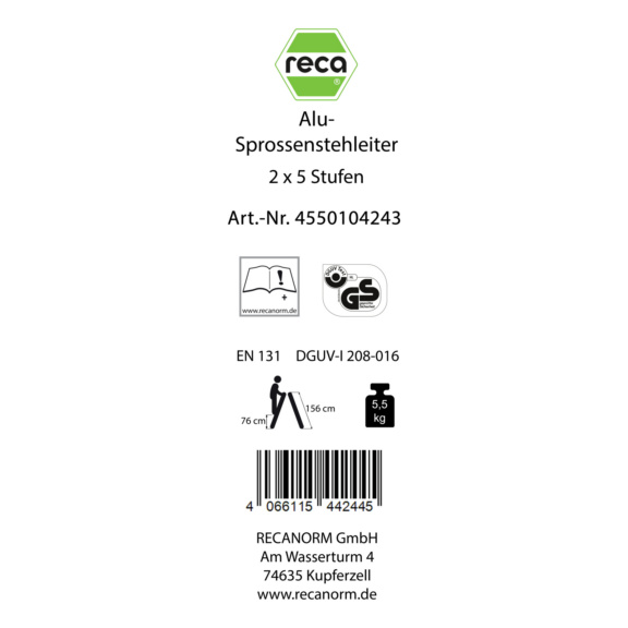 Ersatzlabels f&uuml;r Leitern - Label, Alu-Sprossenstehleiter 2 x 5 Sprossen