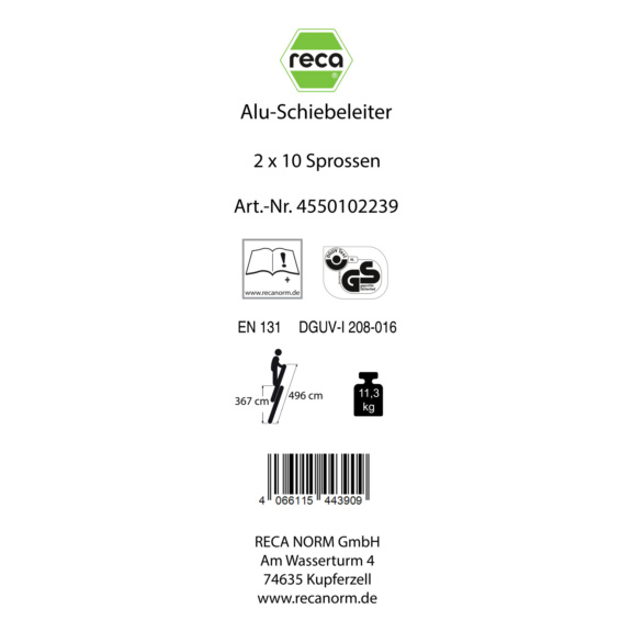 Ersatzlabels f&uuml;r Leitern - Label, Alu-Schiebeleiter 2 x 10