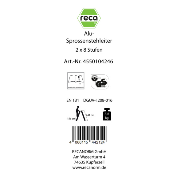 Ersatzlabels für Leitern - Label, Alu-Sprossenstehleiter 2 x 8 Sprossen