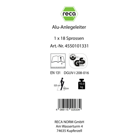 Ersatzlabels f&uuml;r Leitern - Label, Alu-Anlegeleiter 1 x 18 Sprossen