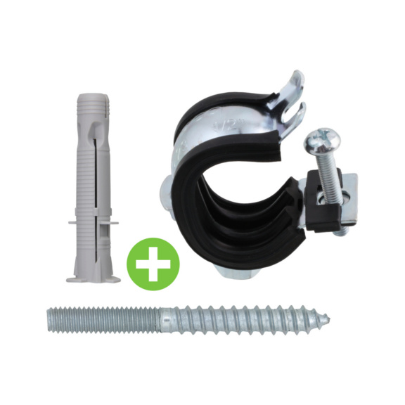 Rohrschelle Qmatic 1/2" inkl. Montagezubeh&ouml;r - Aktionspaket - Qmatic 3/8", inkl. RMU D&uuml;bel - 10 und Stockschraube 8x80 / Package
