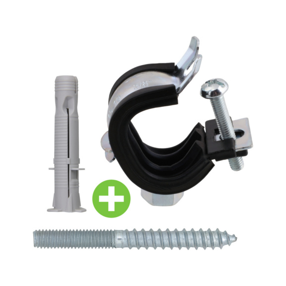 Rohrschelle Qmatic 3/8" inkl. Montagezubeh&ouml;r - Aktionspaket - Qmatic 3/4", inkl. RMU D&uuml;bel - 10 und Stockschraube 8x80 / Package
