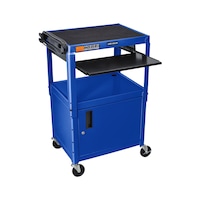 Char. dess. multifonct. bleu, cap. charge 125kg arm. ac. plateau clav. couliss.