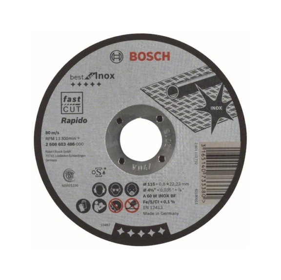 BOSCH Cut-off wheel straight Best Inox Rapido A 60 W INOX BF 115mm 0.8mm 2608603486 - Abrasive made of bonded abrasive with bore or thread
