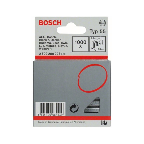 BOSCH narrow back staple type 55 6 x 1.08 x 18 mm 1000-pack 2609200223 - Narrow back staple