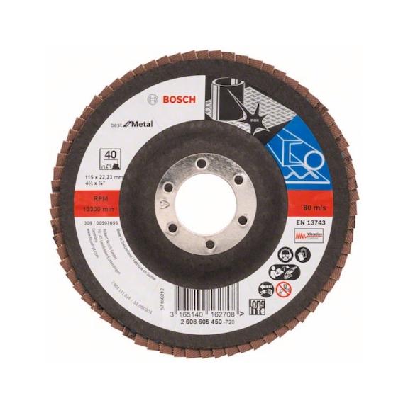 BOSCH Fächerschleifscheibe X571 gewinkelt 115 mm 40 Glasgewebe 2608605450 - Fächerschleifscheibe