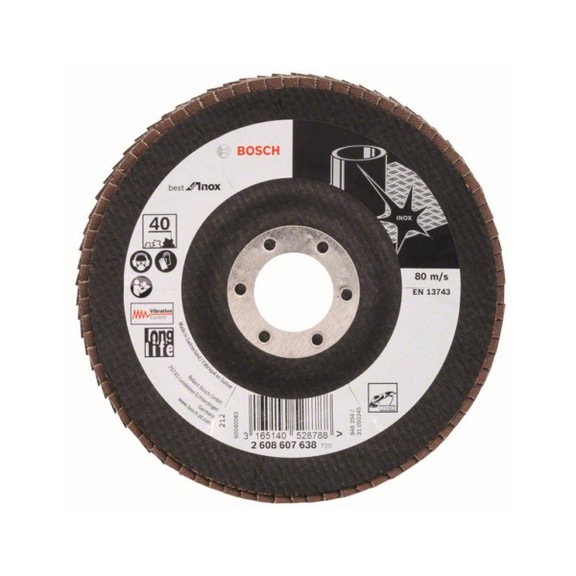 BOSCH Fächerschleifscheibe X581 Inox gewinkelt 125mm 40 Glasgewebe 2608607638 - Fächerschleifscheibe