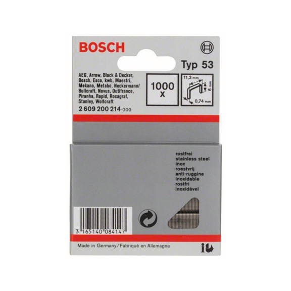 BOSCH fine wire staple type 53 11.4 x 0.74 x 6 mm 1000-pack stainless 2609200214 - Fine wire clamp