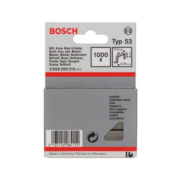 BOSCH Feindrahtklammer Typ 53 11,4 x 0,74 x 8 mm 1000er-Pack rostfrei 2609200215 - Feindrahtklammer