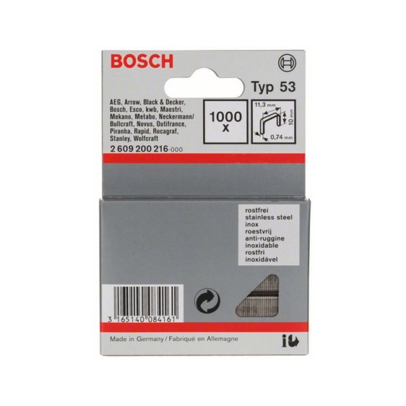BOSCH fine wire staple type 53 11.4x0.74x10 mm 1000-pack stainless 2609200216 - Fine wire clamp