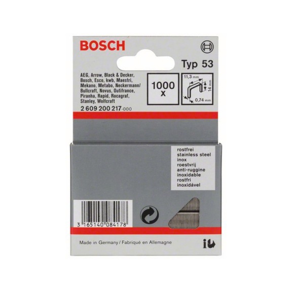 BOSCH fine wire staple type 53 11.4x0.74x14 mm 1000-pack stainless 2609200217 - Fine wire clamp