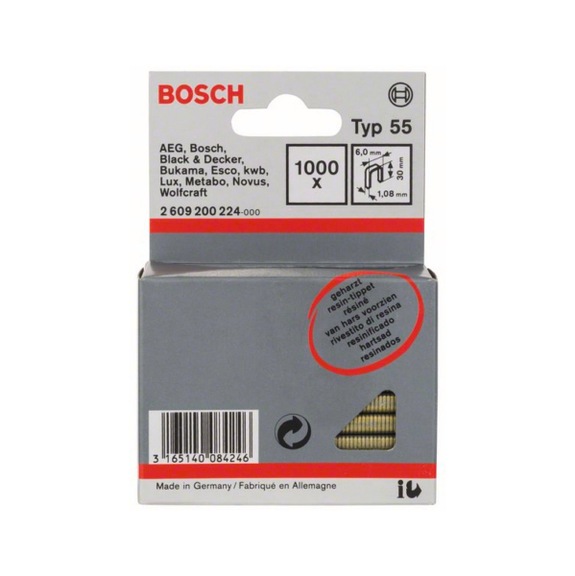 BOSCH narrow back staple type 55 resin-coated 6 x 1.08 x 30 mm 1000-pack 2609200224 - Narrow back staple