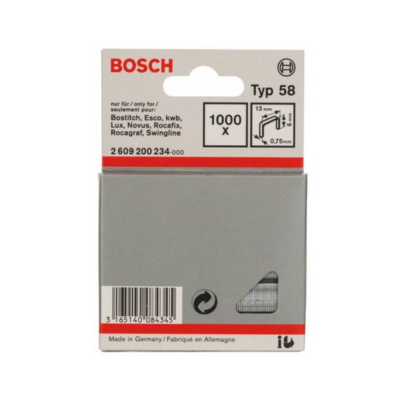 BOSCH fine wire staple type 58 13 x 0.75 x 6 mm 1000-pack 2609200234 - Fine wire clamp