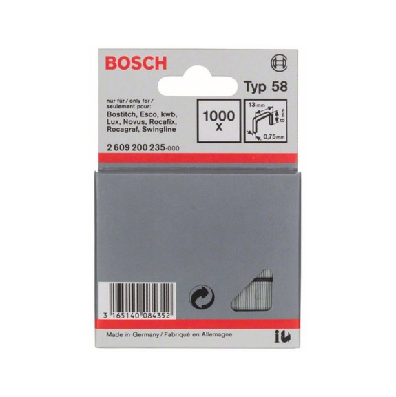 BOSCH fine wire staple type 58 13 x 0.75 x 8 mm 1000-pack 2609200235 - Fine wire clamp