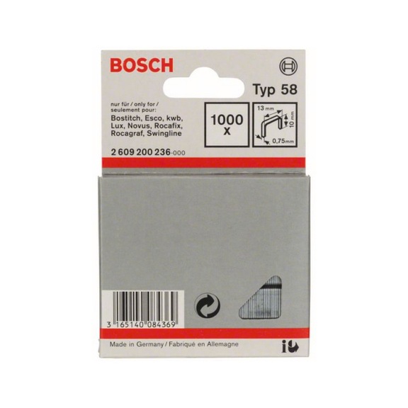 BOSCH fine wire staple type 58 13 x 0.75 x 10 mm 1000-pack 2609200236 - Fine wire clamp