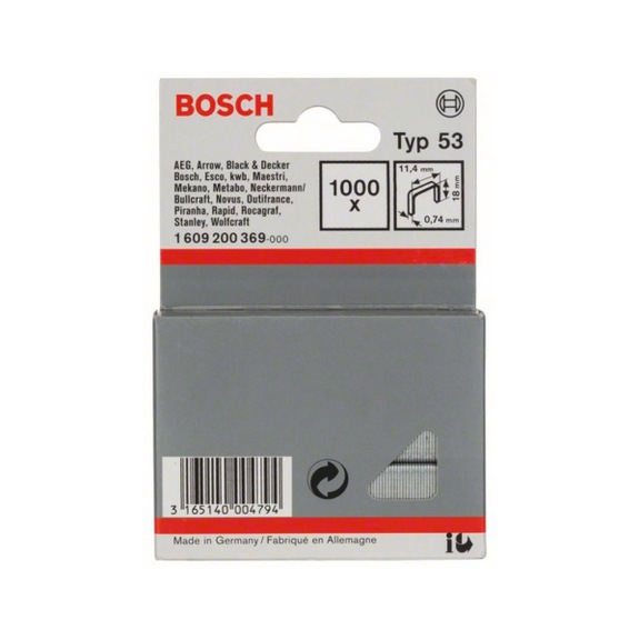 BOSCH fine wire staple type 53 11.4 x 0.74 x 18 mm 1000-pack 1609200369 - Fine wire clamp