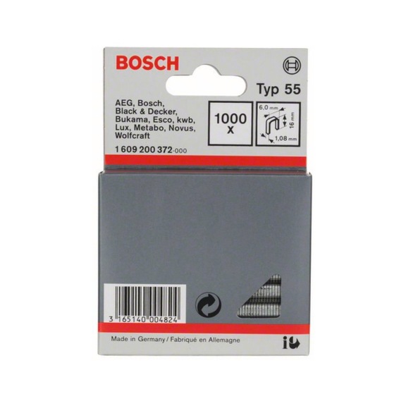 BOSCH narrow back staple type 55 6 x 1.08 x 16 mm 1000-pack 1609200372 - Narrow back staple