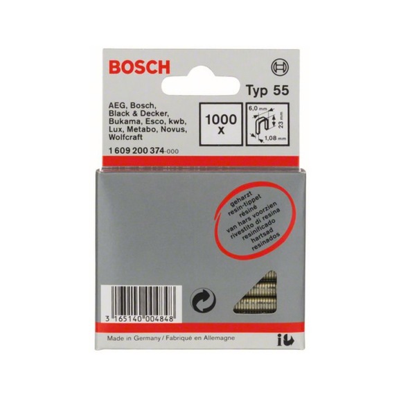 BOSCH narrow back staple type 55 resin-coated 6 x 1.08 x 23 mm 1000-pack 1609200374 - Narrow back staple
