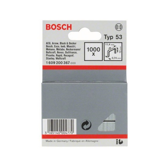 BOSCH fine wire staple type 53 11.4 x 0.74 x 12 mm 1000-pack 1609200367 - Fine wire clamp