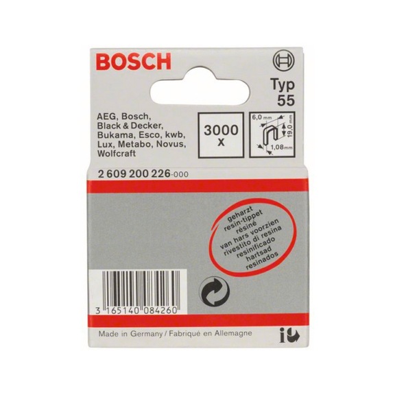 BOSCH narrow-back staple type 55 resin-coated 6 x 1.08 x 19 mm 3000-pack 2609200226 - Narrow back staple