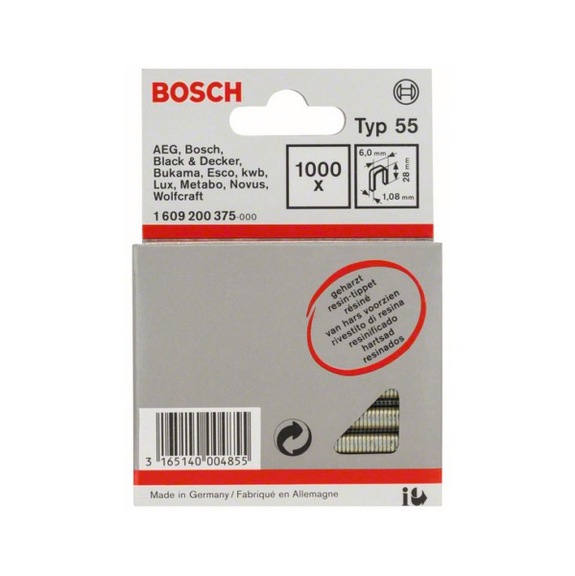BOSCH narrow back staple type 55 resin-coated 6 x 1.08 x 28 mm 1000-pack 1609200375 - Narrow back staple