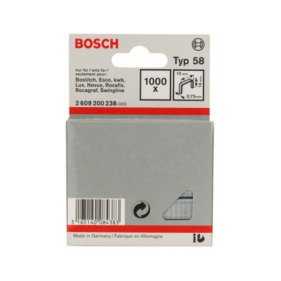 BOSCH fine wire staple type 58 13 x 0.75 x 14 mm 1000-pack 2609200238 - Fine wire clamp