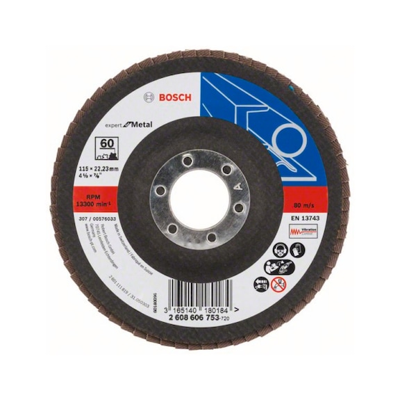 BOSCH Fächerschleifscheibe X551 Metal gewinkelt 115 mm 60 Glasgewebe 2608606753 - Fächerschleifscheibe