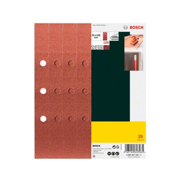 BOSCH Schleifblatt-Set B&D 8-Lochung 93x230 mm K180 25 Stk. 2607017107 - Schleifwerkzeug aus Schleifmittel auf Unterlage