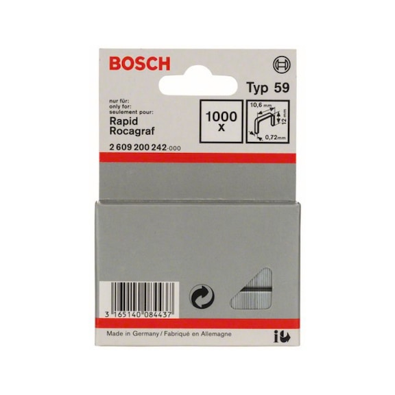BOSCH fine wire staple type 59 10.6 x 0.72 x 12 mm 1000-pack 2609200242 - Fine wire clamp