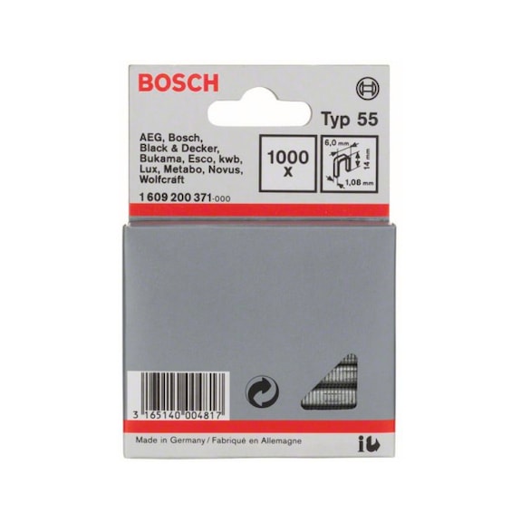 BOSCH Schmalrückenklammer Typ 55 6 x 1,08 x 14 mm 1000er-Pack 1609200371 - Schmalrückenklammer
