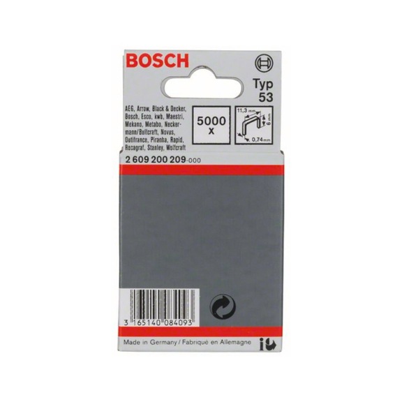 BOSCH fine wire staple type 53 11.4 x 0.74 x 6 mm 5000-pack 2609200209 - Fine wire clamp