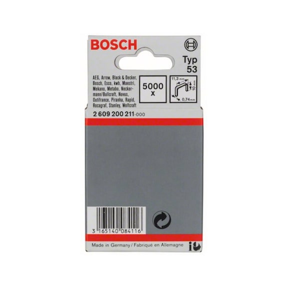 BOSCH fine wire staple type 53 11.4 x 0.74 x 10 mm 5000-pack 2609200211 - Fine wire clamp